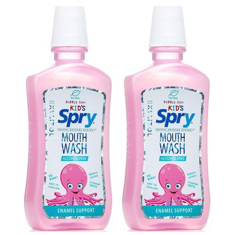 Spry Xylitol Mouthwash Fluoride Free with Enamel Support, Gentle, Natural Bubble Gum - 16 fl oz (Pack of 2)