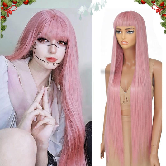 YKHJH Pink Synthetic Wig with Bangs Natural Pink Mixed Super Long Straight Hair 40 Inch Heat Resistant Synthetic Wigs for Fashion Women (Pink)