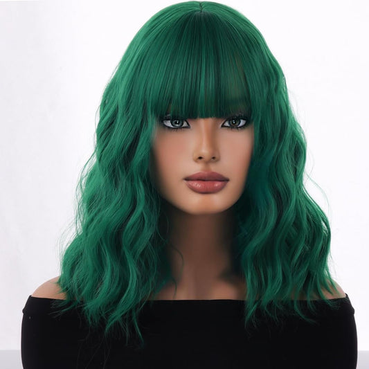 WTHCOS Green Wig Short Bob Wig Short Curly Wavy Wig With Bangs for Women Green Wig Heat Resistant Synthetic Hair Wigs for Daily Use Cosplay Wig With Wig Cap