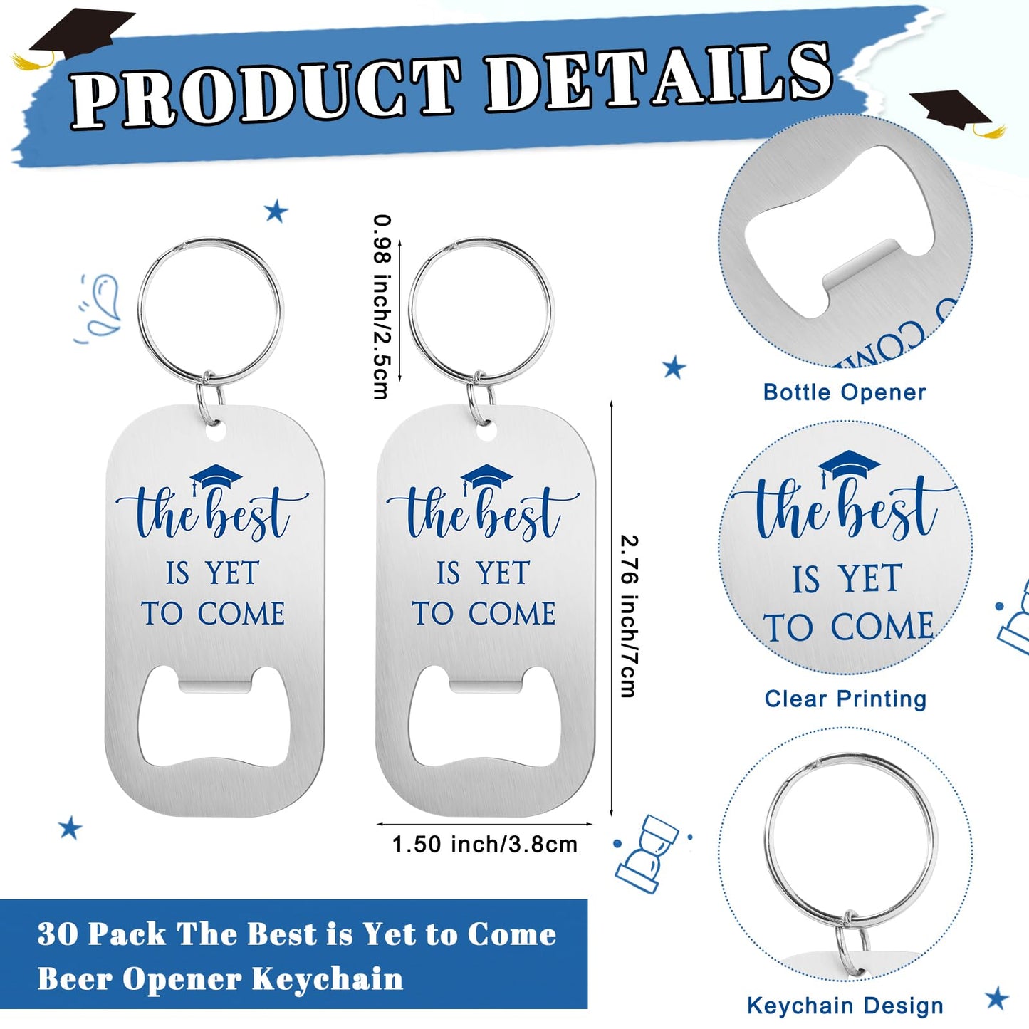 Vesici 30 Sets 2026 Graduation Party Favors for Guests Beer Bottle Opener Keychains Bulk Class of 2026 The Best is Yet to Come Keychains with Thank You Cards Organza Bags Ceremony Gifts (Blue)