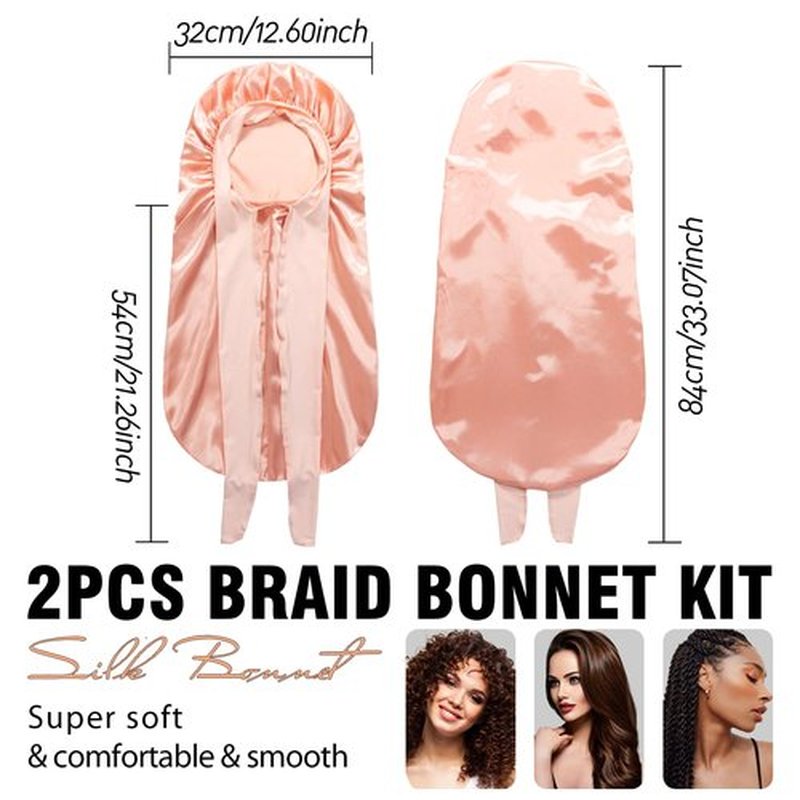 2Pcs Bonnets for Black Women Braid Bonnet, Large Long Satin Bonnet for Braids, Silk Bonnet with Stretchy Tie Band Sleep Cap Hair (Black&Champagne Gold)
