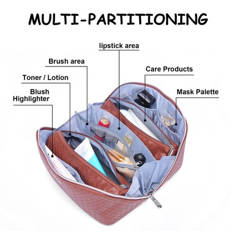 Travel Makeup Bags Cosmetic Organizer Bag: Large Capacity Make up Bag Set of 3 - Vegan Leather Toiletry Bag for Women - Portable Makeup Organizer with Compartments & Handle & Divider (1 Brown)