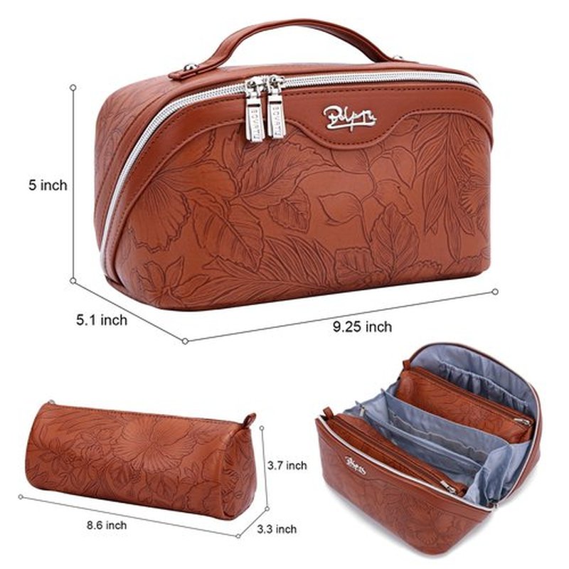 Travel Makeup Bags Cosmetic Organizer Bag: 3-Set Large Capacity Make up Bag - PU Leather Toiletry Bag for Women - Wide Open Portable Pouch with Divider & Handle (02-Dark Brown)