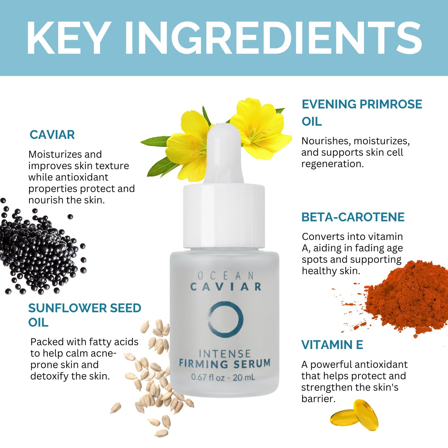 Noche Y Dia Caviar Intense Firming Serum - Anti Aging Face Serum with Vitamin E - Firm & Lift Skin - Targets Fine Lines & Wrinkles - 20mL (.67 fl oz)