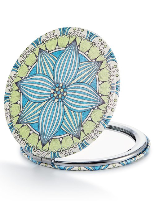 OMIRO 1X/10X(300R) Compact Magnifying Mirror, Unique Painting Pocket Mirror with Classical PU Leather (Round，Green Flower Mandala)
