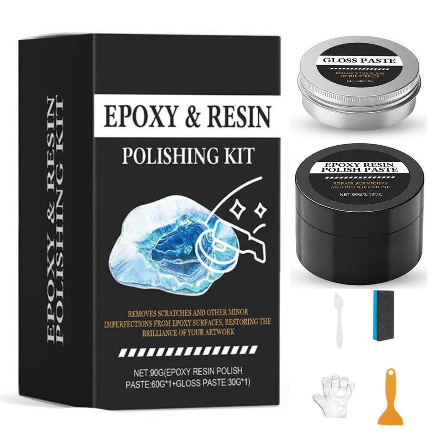 Resin Polish, Epoxy Resin Polishing Kit, Premium Epoxy Polishing Compound for Scratching, Sanding, Polish and Restore Shine, for Metal & Stone Table Countertop & Jewelry, Removes Scratches & Scuffs