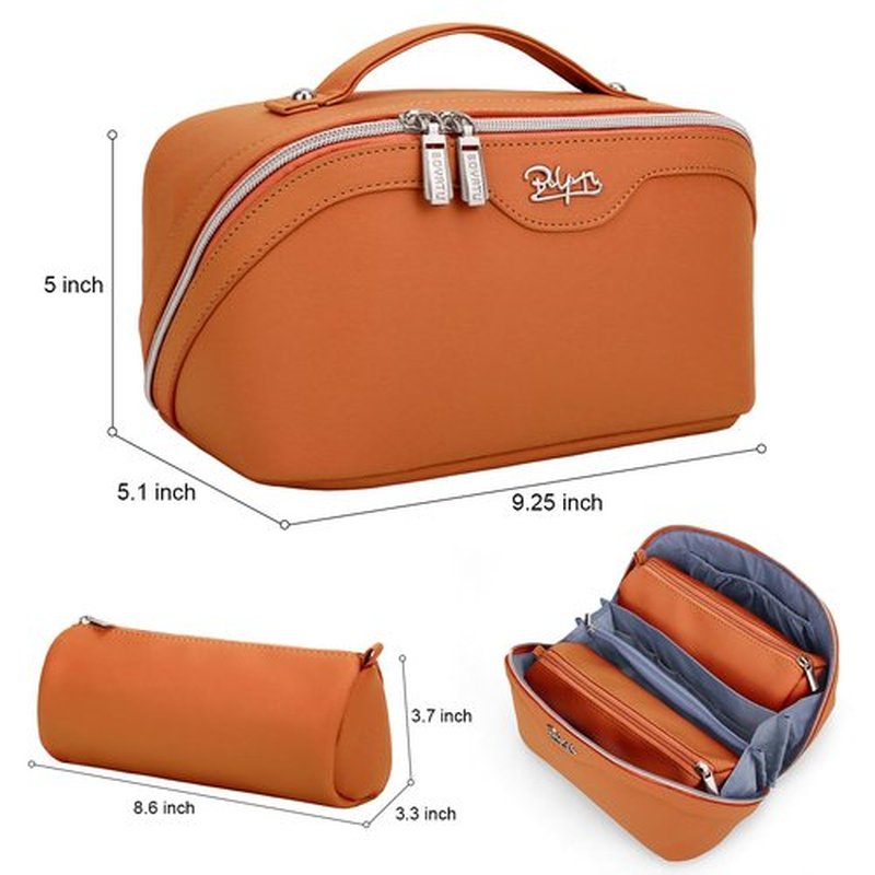 Travel Makeup Bags Cosmetic Organizer Bag: 3-Set Large Capacity Make up Bag - PU Leather Toiletry Bag for Women - Wide Open Portable Pouch with Divider & Handle (09-Orange brown)
