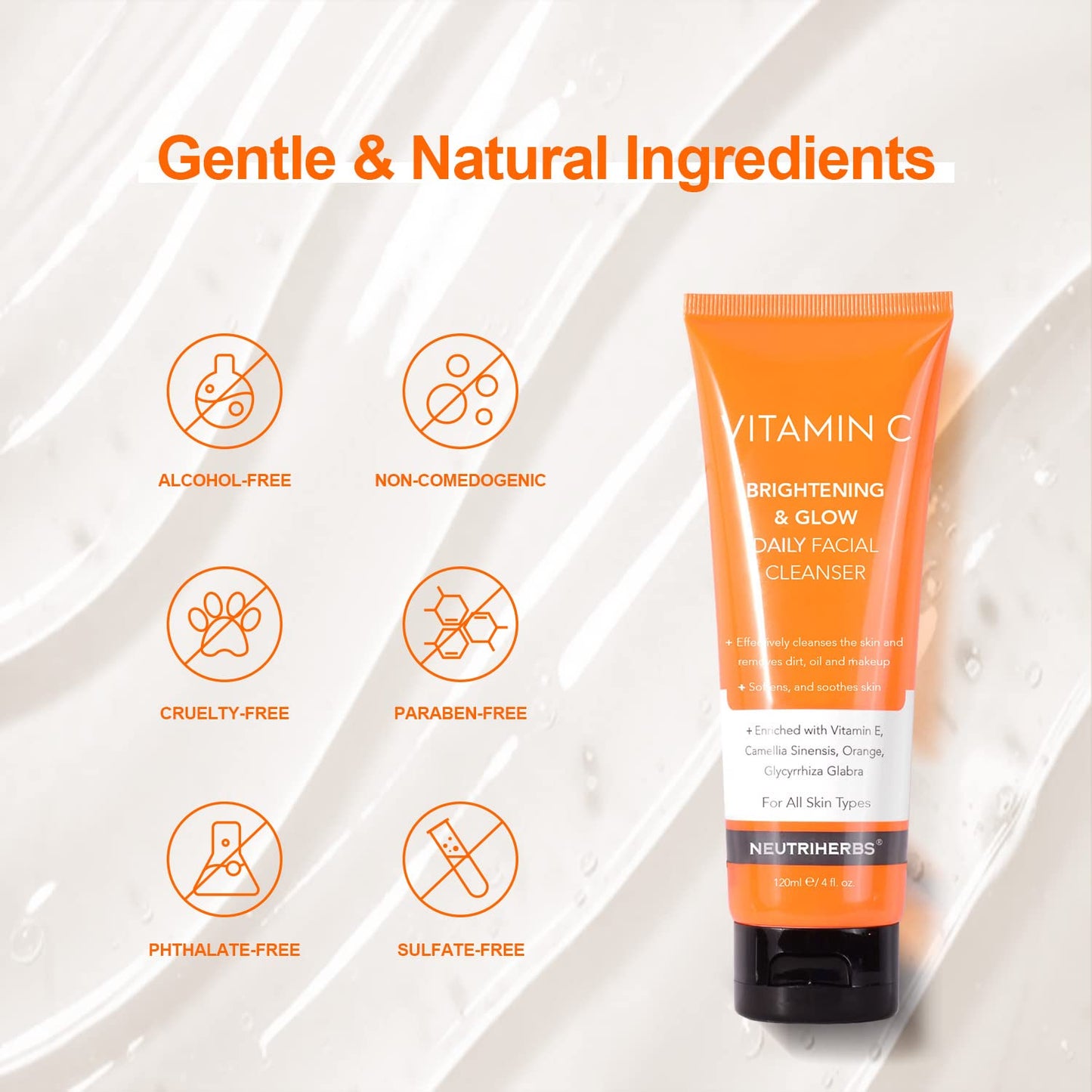 Neutriherbs Vitamin C Face Wash,Daily Facial Cleanser with Aloe & Hyaluronic Acid| Clean,Refresh,Brighten and Balance Complexion| For All Skin Type, 120ml 4 fl. oz