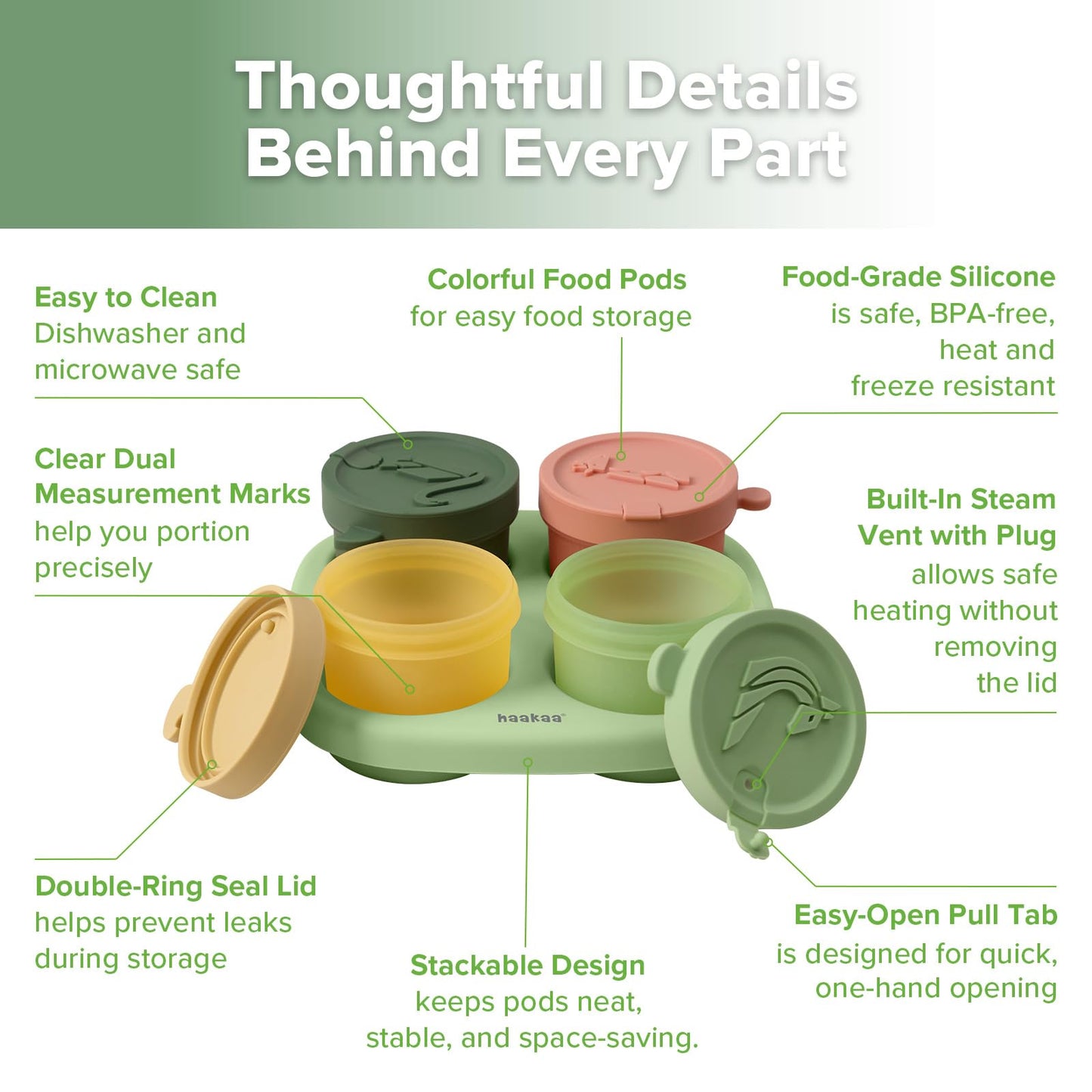 Haakaa Silicone Baby Food Containers, 4oz/120ml Baby Food Jars with Leakproof Animal Lids and Tray, Freezer-Safe Storage for Homemade Purees, Snacks & Meal Prep, 4 Pack, Spring Green Tray