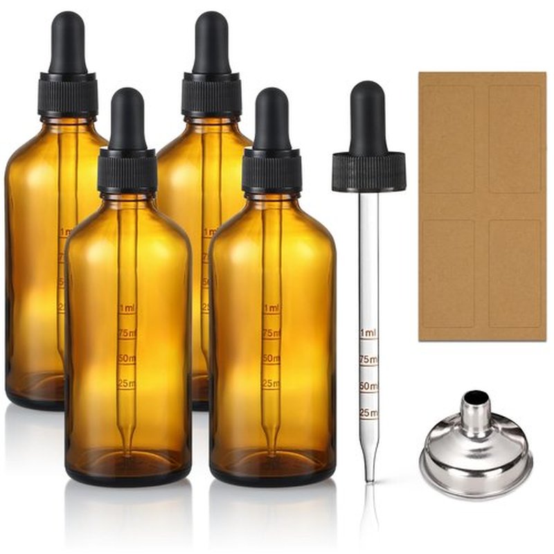 4 Pack 100ml Glass Dropper Bottles with Measured Dropper - 3.4oz Dark Amber Tincture Bottles with Calibrated Glass Eye Dropper (1ml), Leakproof Essential Oil Bottles for Health, Personal Care & Beauty
