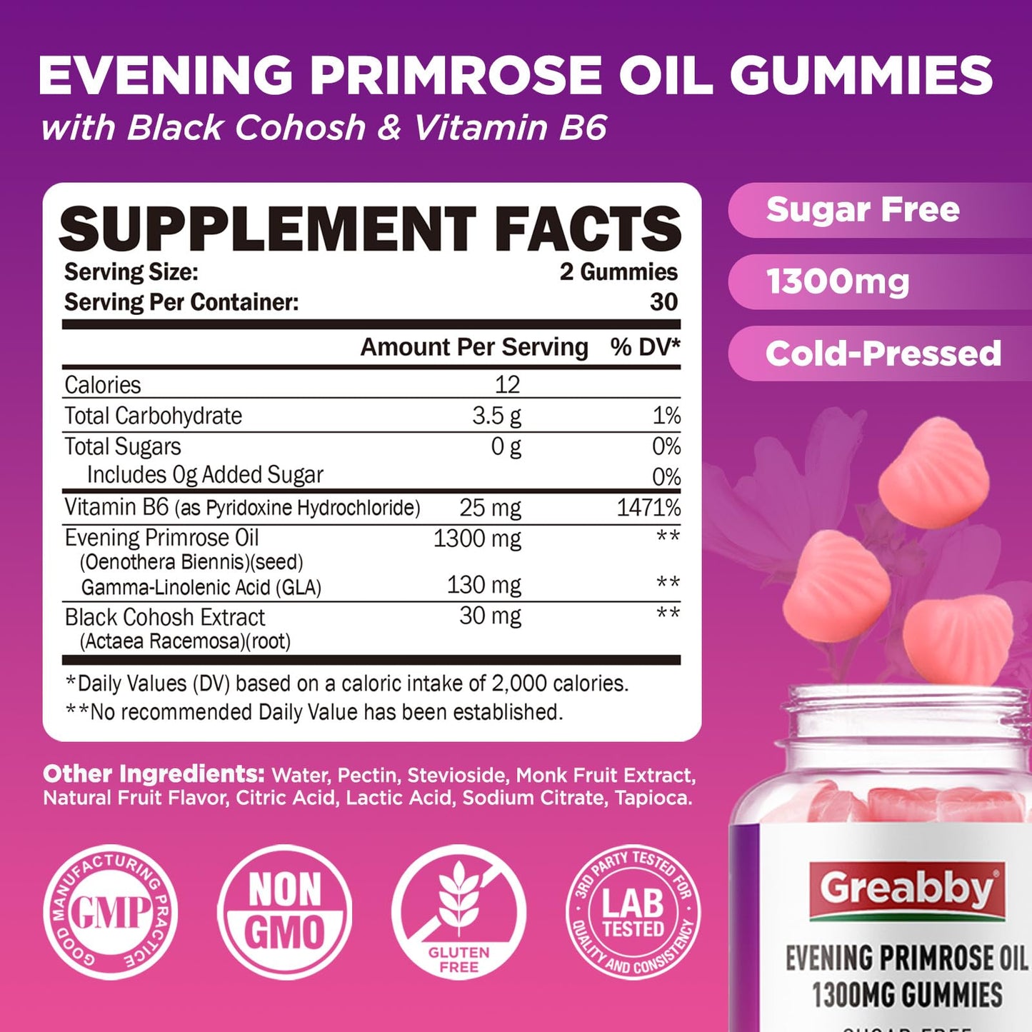 GREABBY Evening Primrose Oil Gummies 1300mg with Black Cohosh & Vitamin B6, Sugar-Free, PMS Relief Supplements for Women 20-45, Chewable PMS Gummies, Strawberry Flavor, Vegan, Pectin, 60 Count