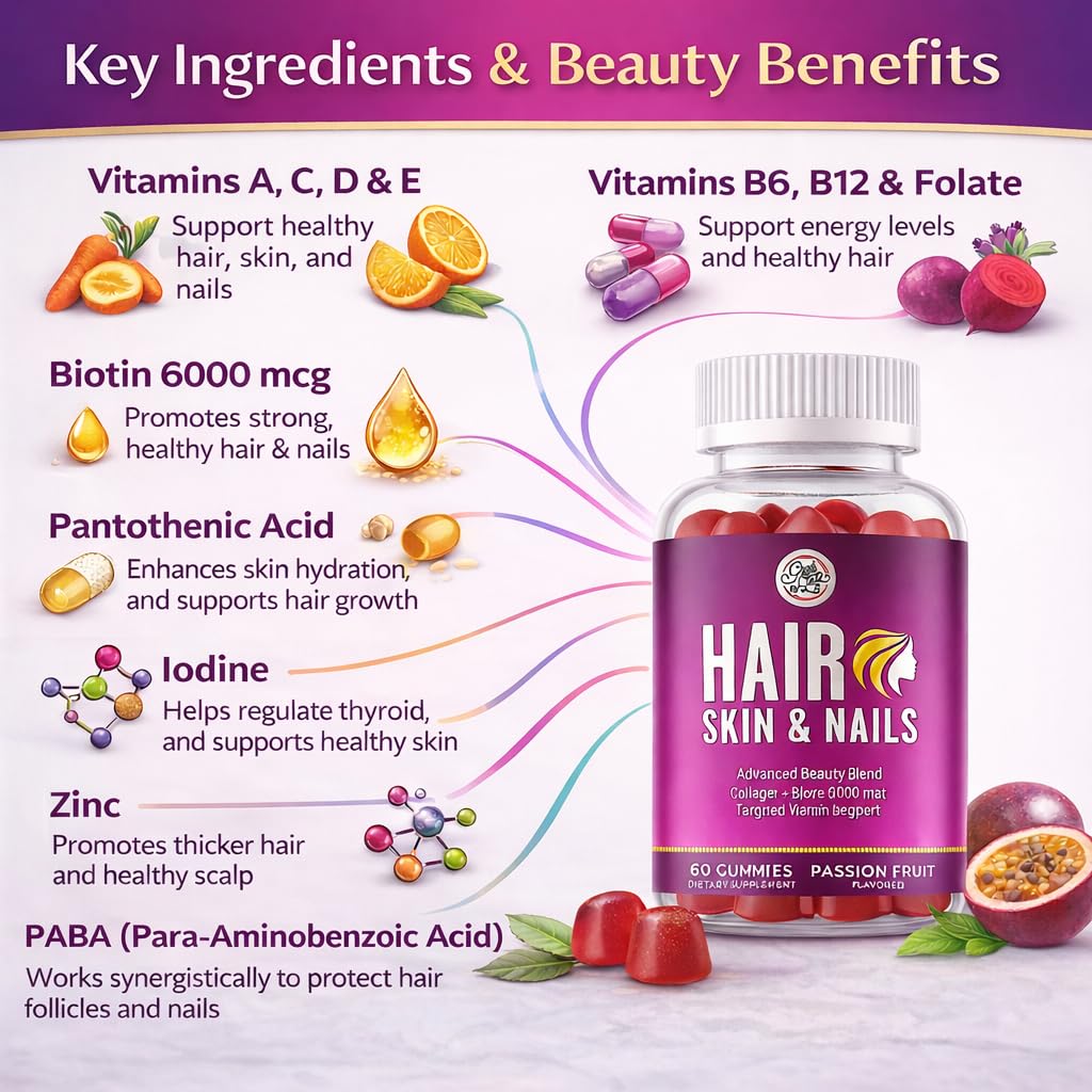 Grab The Gold Hair Skin & Nails Vitamins for Women | Gummies with 6000mcg Biotin & Collagen | 10 Essential Vitamin & Minerals | Gluten-Free, Non-GMO, Passion Fruit Flavor | 1 Month Supply, Made in USA