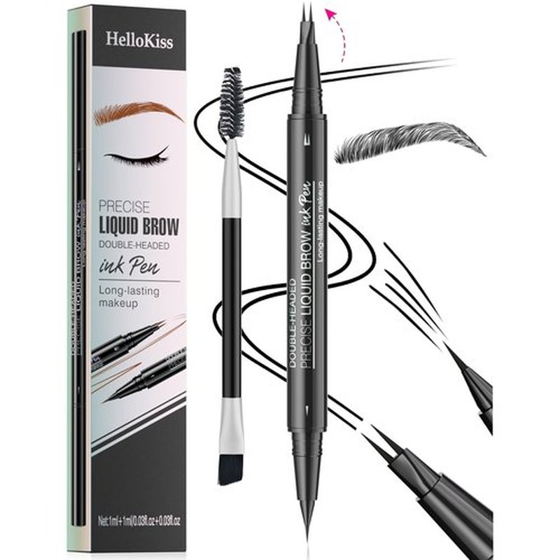 9708 2-Tip Double-Ended Eyebrow Pen, 2-in-1, with Eyebrow Brush. Waterproof and Sweat Proof,Precise Liquid Brow, 5 Shades, Long-Lasting(5#Black)