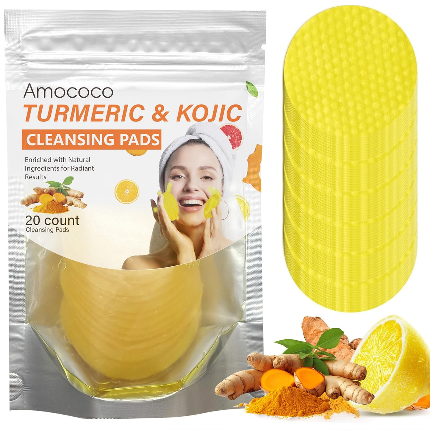 Amococo Turmeric & Kojic Acid Cleansing Pads, 20 Count, Chamomile for Dark Spots, Even Skin Tone, Gentle Daily Face Pads for Sensitive & Acne-Prone Skin