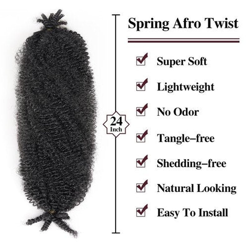 Spring Twist Hair Marley Twist Braiding Hair Crochet Hair 8packs Afro Twist Hair Cuban Twist Hair Marley Twist Hair Kinky Braiding Hair Synthetic Hair Extension For Women (1B, 24 Inch (Pack of 8))