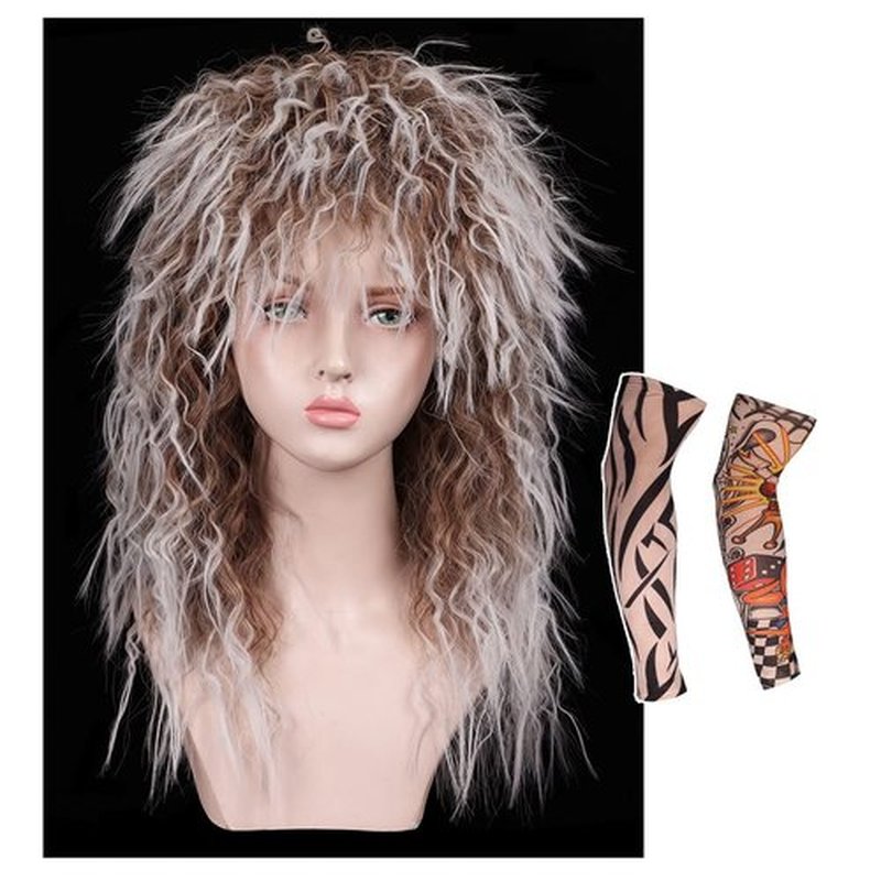 FantaLook Long Cruly 80s Wig with 2 Tattoo Sleeves for Women
