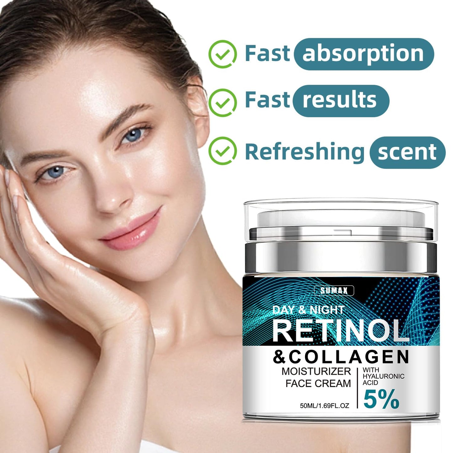 Advanced Retinol Collagen Cream for Face with 5% Hyaluronic Acid Anti-Aging Anti-Wrinkle Reduce Fine Lines Lifting and Firming For All Skin Types 1.7 fl.oz