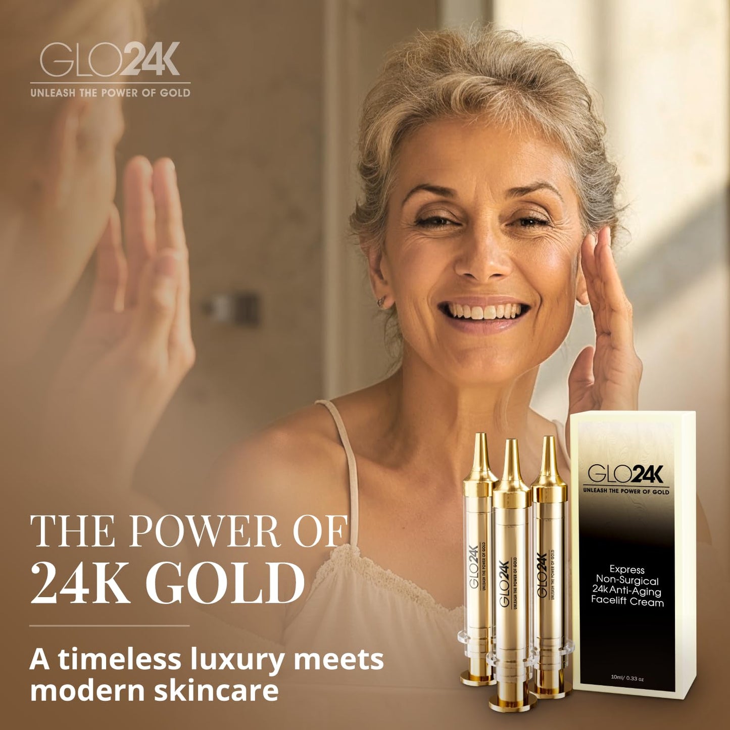 GLO24K Instant Facelift Cream with 24k Gold, Hyaluronic Acid, Peptides, and Vitamins A,C,E - Non-Invasive Alternative to Injections for Fast Results