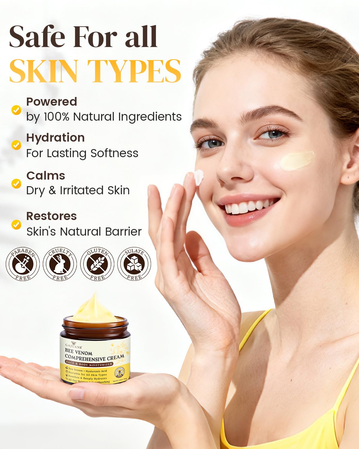 GAJUANR Bee Venom Moisturizing Cream, All-in-One Nourishing Moisturizer with Hyaluronic Acid, Firming & Hydrating Face and Body Cream, Natural Gentle Formula for All Skin Types (50g * 2PCS)