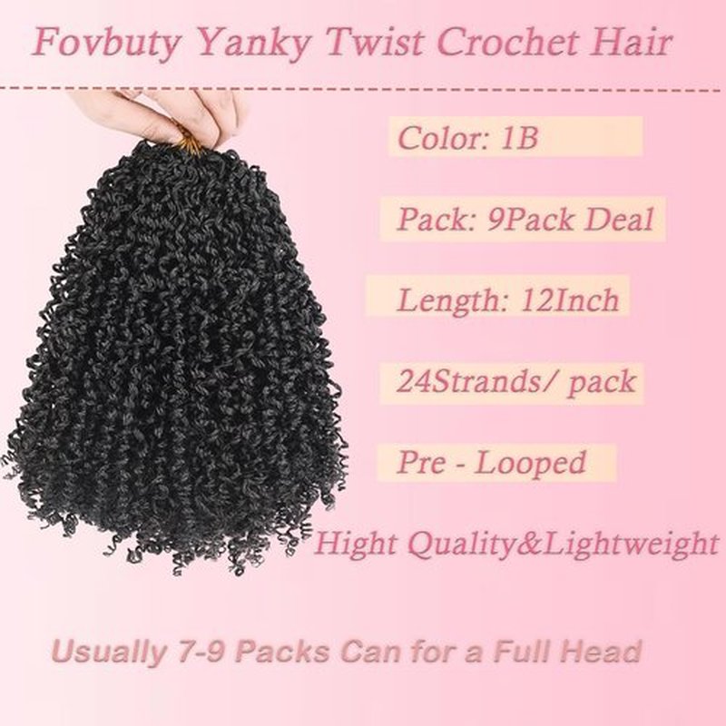 12inch 9 Bundles/Lot Pre Twisted Yanky Twist Crochet Hair with Curls Natural Black Yanky Twist Passion Twist Crochet Hair Pre Looped Synthetic Spring Twist Crochet Hair for Women 1B#/9packs