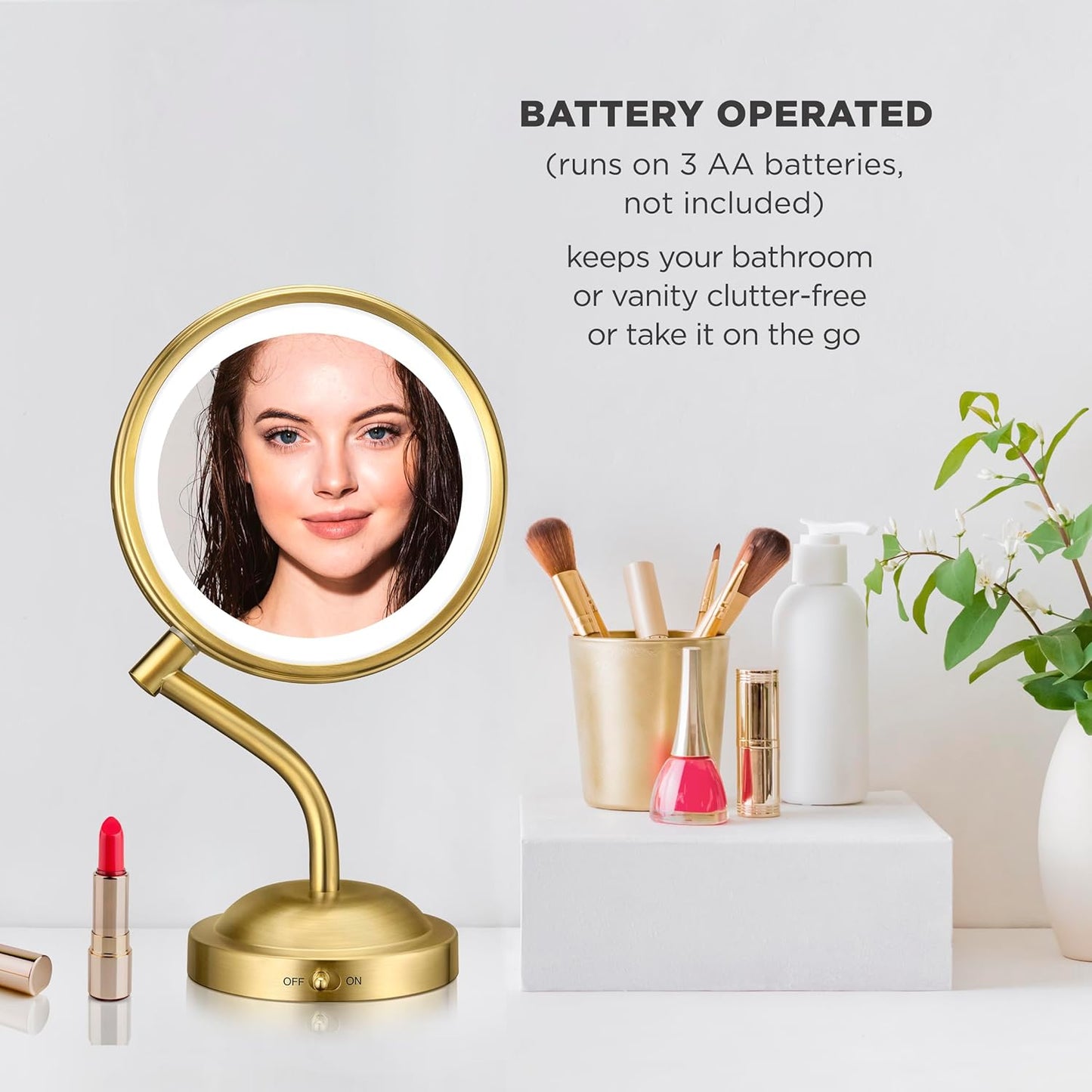 Conair Lighted Makeup Mirror, LED Vanity Mirror, 1X/10X Magnifying Mirror, Double Sided, Battery Operated in Rose Gold