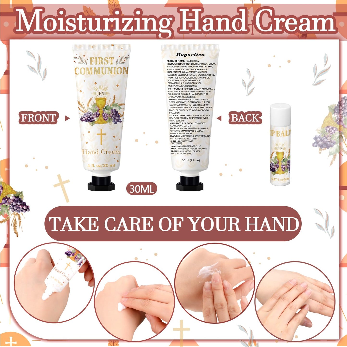 Dansib 15 Set First Communion Gifts Hand Creams and Lip Balms for Guests First Communion Baptism Party Favors Travel Size Hand Lotion Lip Balm Deluxe Boxed Religious Gift Set for Women Party Favors