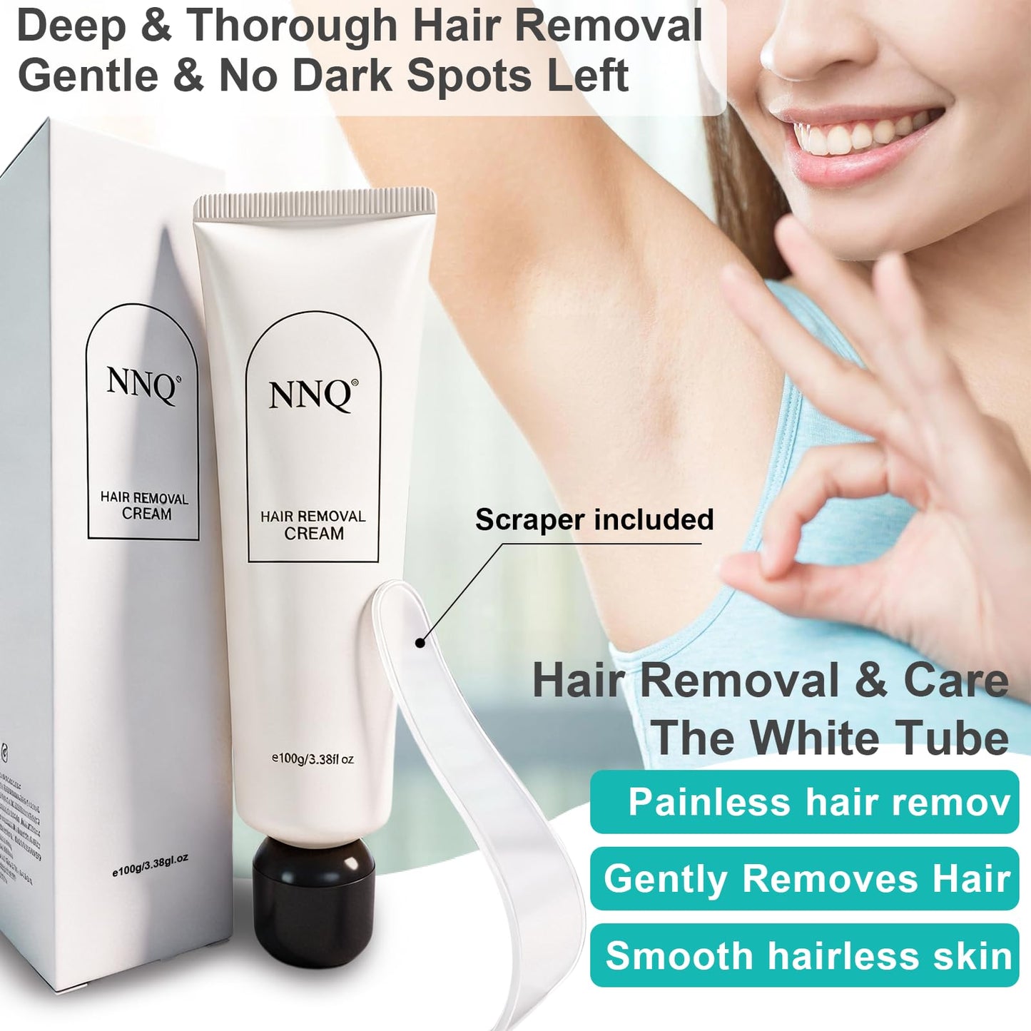 NNQ Hair Removal Cream For Women Men, Painless Depilatory Cream for Legs, Arms, Bikini Line & Underarms, Fast Body Hair Remover for Sensitive Skin, Moisturizing & Smoothing Formula, 3.38 FL OZ