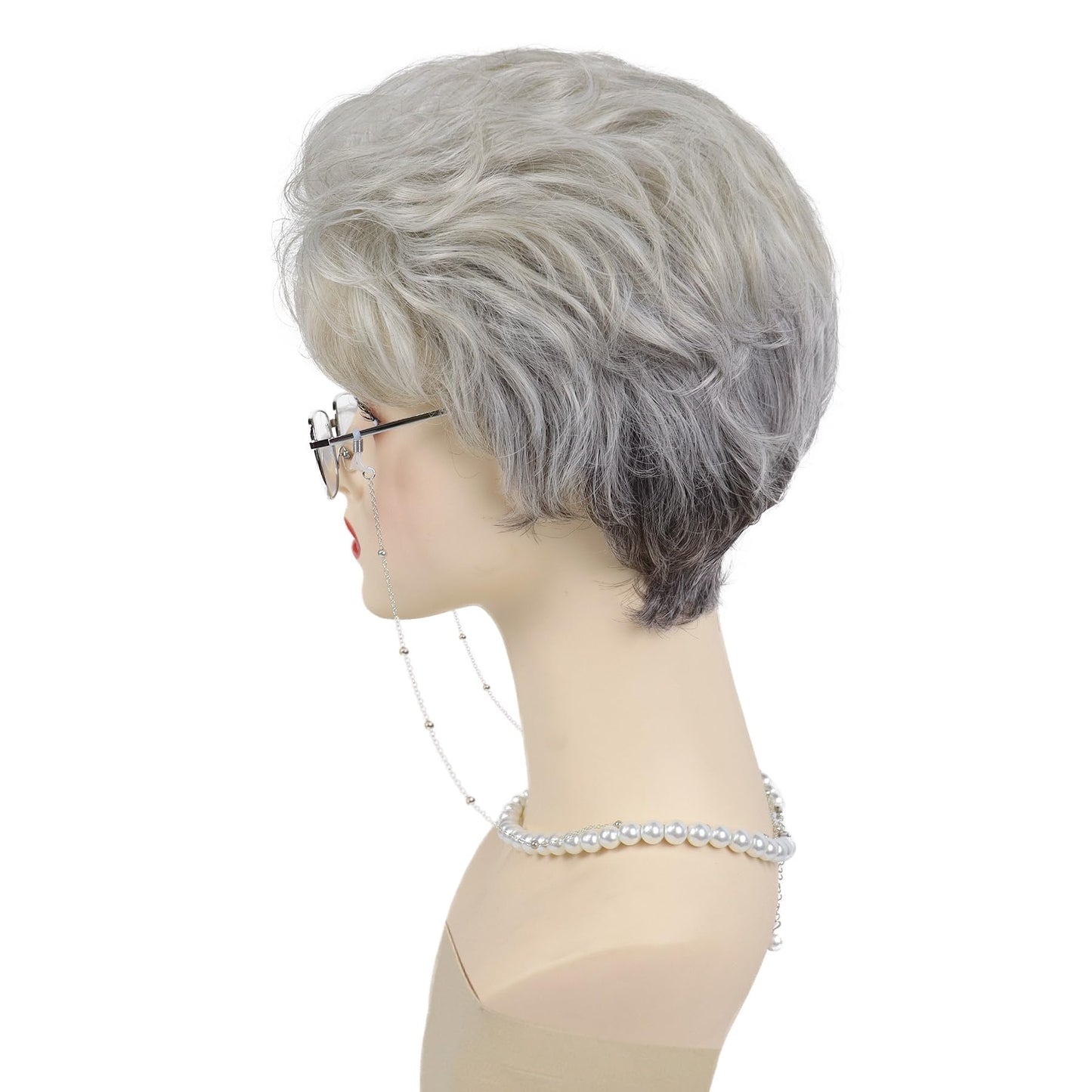 GNIMEGIL Old Lady Wig Set Synthetic Hair Ombre Grey Grandma Wig for 100 Days of School Mommy Costume Granny Outfits White Women Short Curly Wig with Glasses, Necklace & Chain for Older Ladies