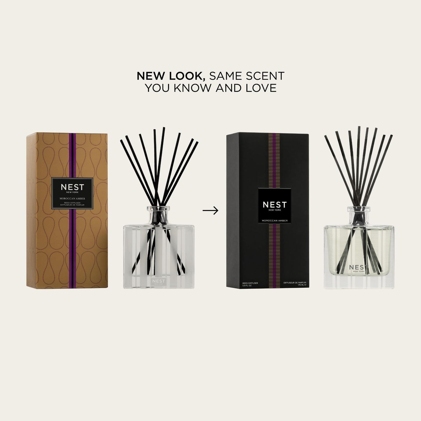 NEST New York Reed Diffuser, Moroccan Amber - 5.9 fl oz - Fragrance for Up to 90 Days - Reusable, Refillable Glass Holder - Includes 8 All-Natural Reed Sticks - Flame Free