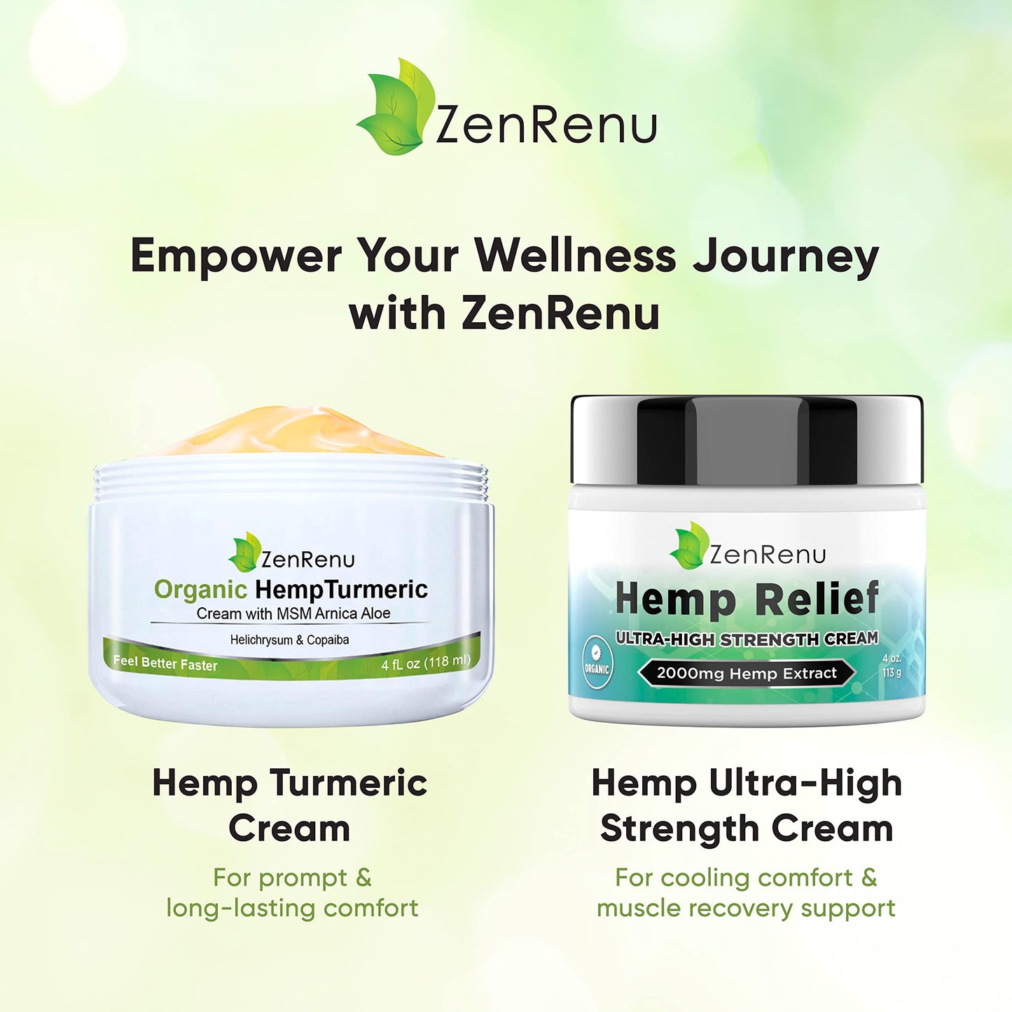 Zenrenu Organic Hemp Turmeric Cream with Arnica, MSM, Hemp Oil Extract, & 7 Essential Oils - Non Greasy & Fast Absorbing for Any Areas of Discomfort 4 oz