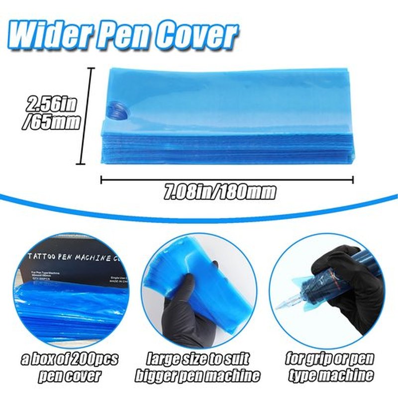 Tattoo Machine Covers with Grip Tape - YONGDA 200pcs Large Tattoo Pen Covers Bags Blue 2.56 * 7.08in Pen Machine Sleeves with 12pcs Grip Tape Wrap Self Adhesive Bandage Wrap