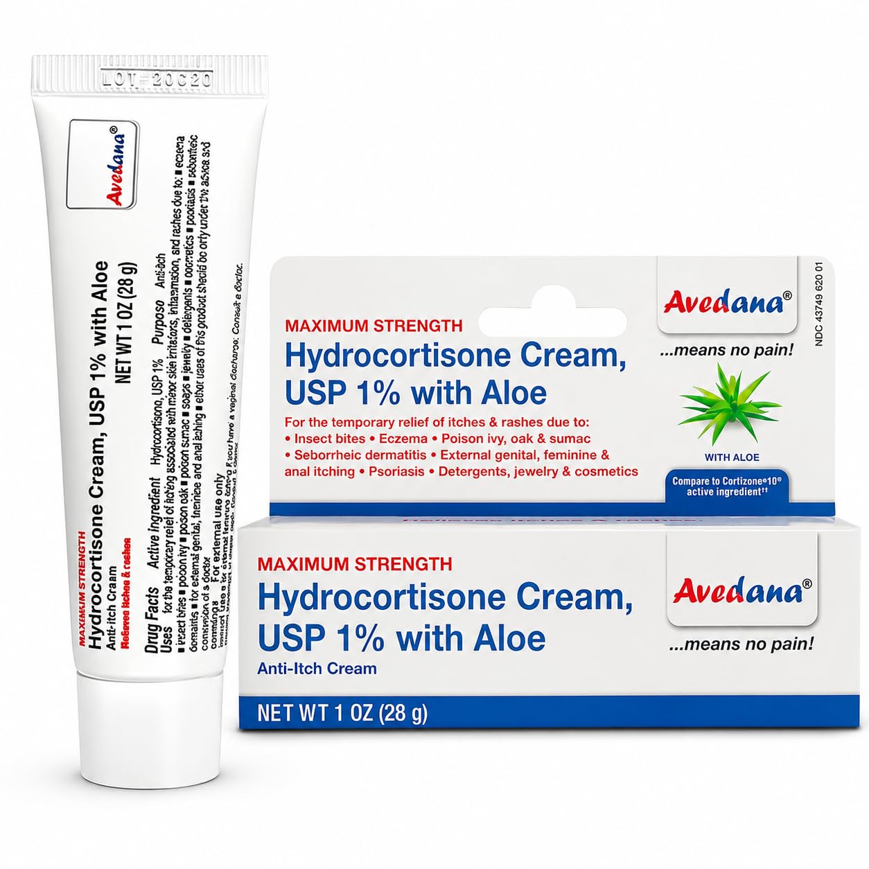 Avedana Hydrocortisone Cream 1% USP Maximum Strength Anti-Itch Cream with Aloe Vera, Fast Relief for Eczema, Dermatitis, Poison Ivy, Poison Oak, Rashes & Bug Bites, 1 Oz