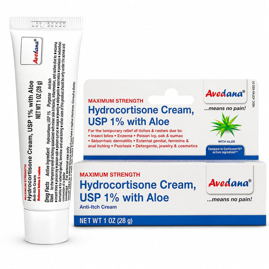 Avedana Hydrocortisone Cream 1% USP Maximum Strength Anti-Itch Cream with Aloe Vera, Fast Relief for Eczema, Dermatitis, Poison Ivy, Poison Oak, Rashes & Bug Bites, 1 Oz