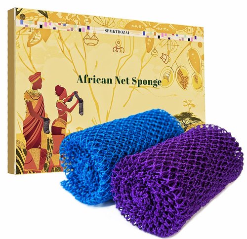 SPMKTBOZAI African Net Sponge Authentic, 2 Pieces African Exfoliating Sponge Real African Net Black Owned, African Bath Sponge Back Scrubber, Body Exfoliator Shower Bath Accessories (Purple, sky blue)