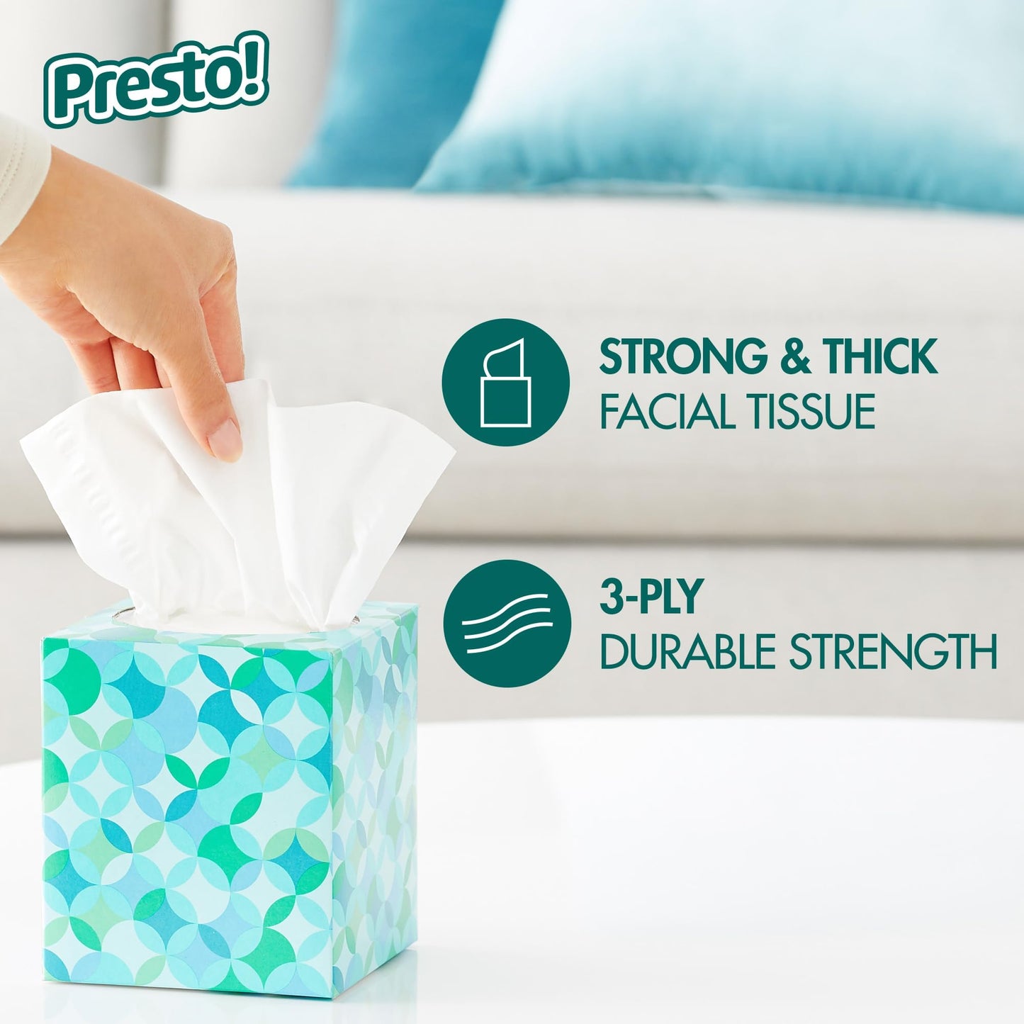 Amazon Brand - Presto! Ultra-Soft 3-Ply Premium Facial Tissues, Colorful Boxes, 1188 Count (18 Packs of 66), (Packaging May Vary)