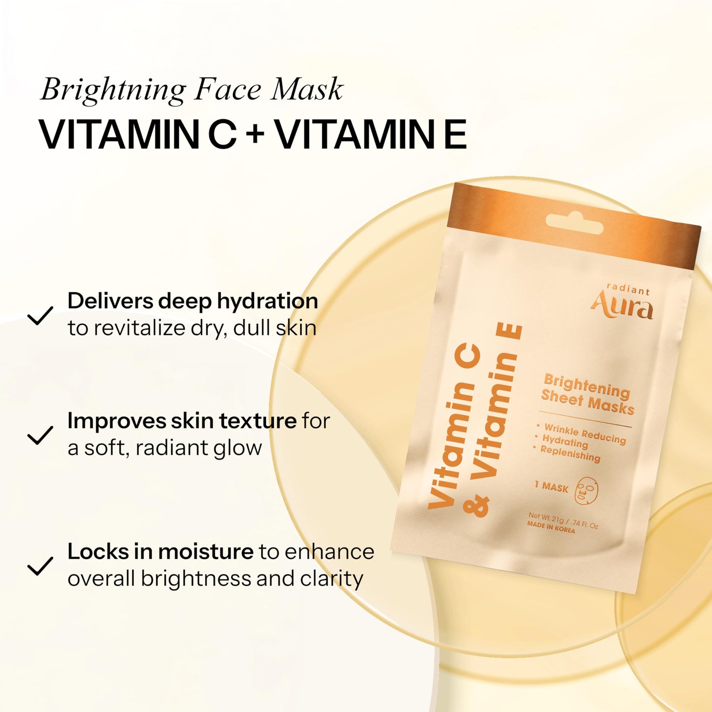 Radiant Aura Vitamin E & Vitamin C Sheet Mask – Dermatologist Tested, Anti Aging, Korean Skin Care – Deep Hydration, Softens Fine Lines, Fades The Look Of Dark Spots – Vegan, Clean Beauty – 5 Count