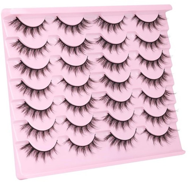 False Lashes Natural Look Wispy Eyelashes Manga Korean Spiky 16mm Short Faux Mink Eyelashes Fluffy Cat Eye Natural Fake Eyelashes Strip Lashes Pack 14 Pairs