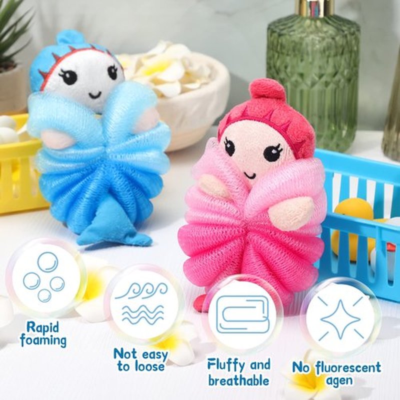 2 Pcs Bath Loofahs Kids Toddler Body Loofahs Cute Cartoon Kids Loofah Kid Bath Sponges Loofah Bath Pouf Body Scrubber Mesh Loofah Sponges for Children Shower Washing Exfoliating (Mermaid)