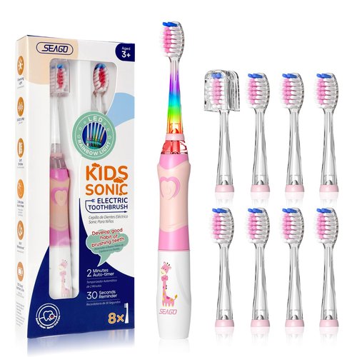 Seago Kids Electric Toothbrush with 2 Mins Brushing Timer and 8 Replacement Bursh Heads,Rainbow LED Light Make Brushing Fun, Pink Color Girls Battery Powerd Toothbrush for 4-12 Years Old