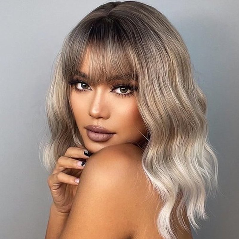 LINGHANG Ombre Blonde Wigs for Women Short Wavy Wig with Bangs Ash Blonde Bob Wig with Dark Roots Medium Length Natural Synthetic Hair for Daily Party,Cosplay