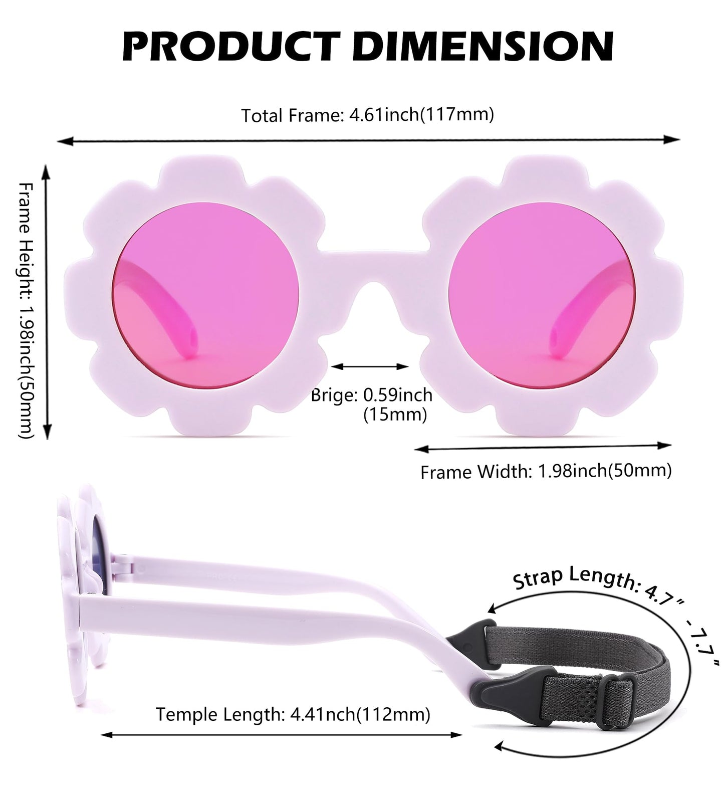NULOOQ Polarized Baby Sunglasses with Strap – Flexible Flower Shaped Sunglasses for Toddler & Infant Age 0-24 Months (Light Purple/Purple Red Mirrored)
