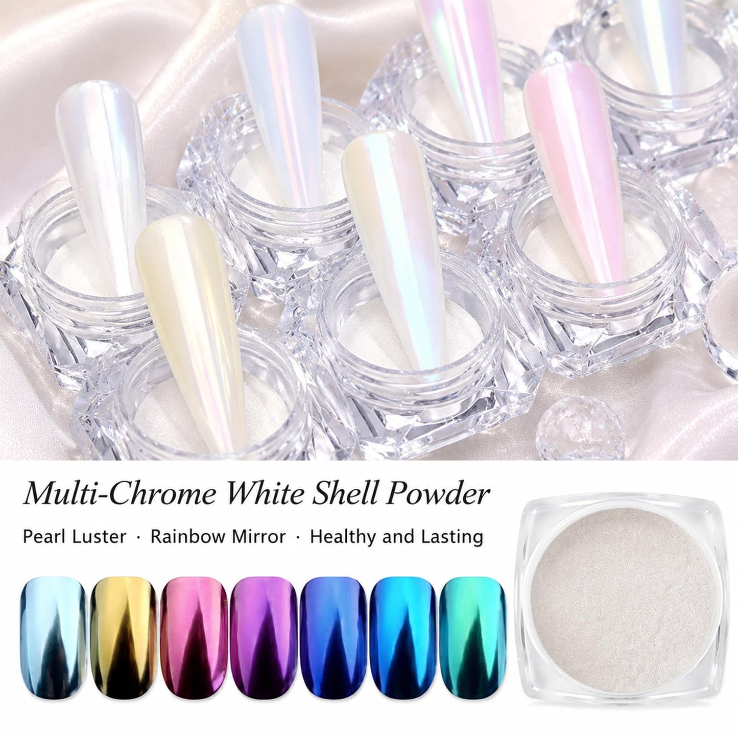 7 Colors Chrome Nail Powder Set, Nail Chrome Bulk,White Pearl Iridescent Aurora Metallic Mirror Effect Dip Nail Powder Kit, Gel Polish Holographic Mermaid Pigment, Resin Craft,Nails Art Gift for Women