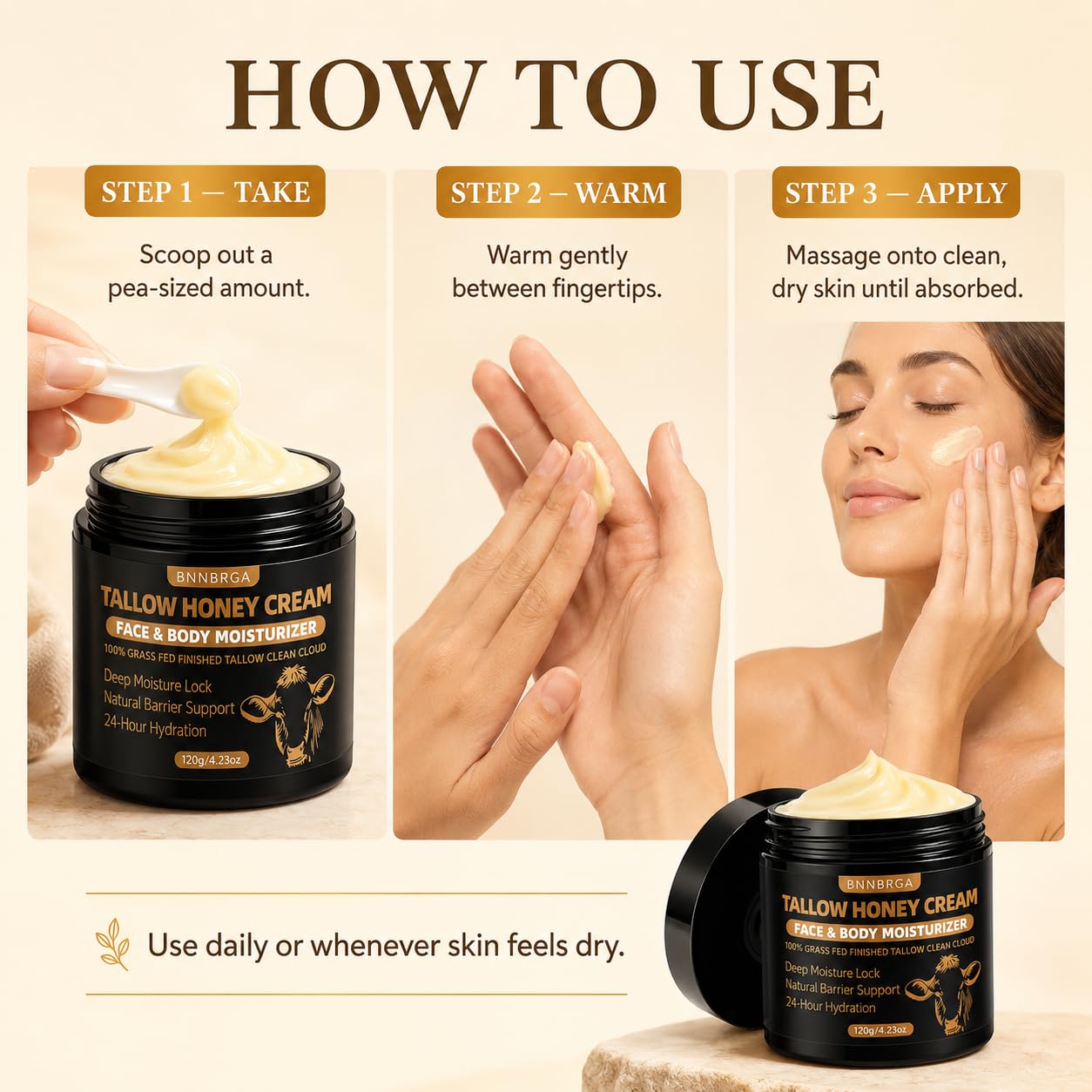 Organic Tallow Honey Cream for Face & Skin - Tallow and Honey Balm100% Pure Grass-Fed Tallow Face Moisturizer, Ultra- Hydrating & Nourishing, Natural Skincare Solution for Dry & Sensitive Skin