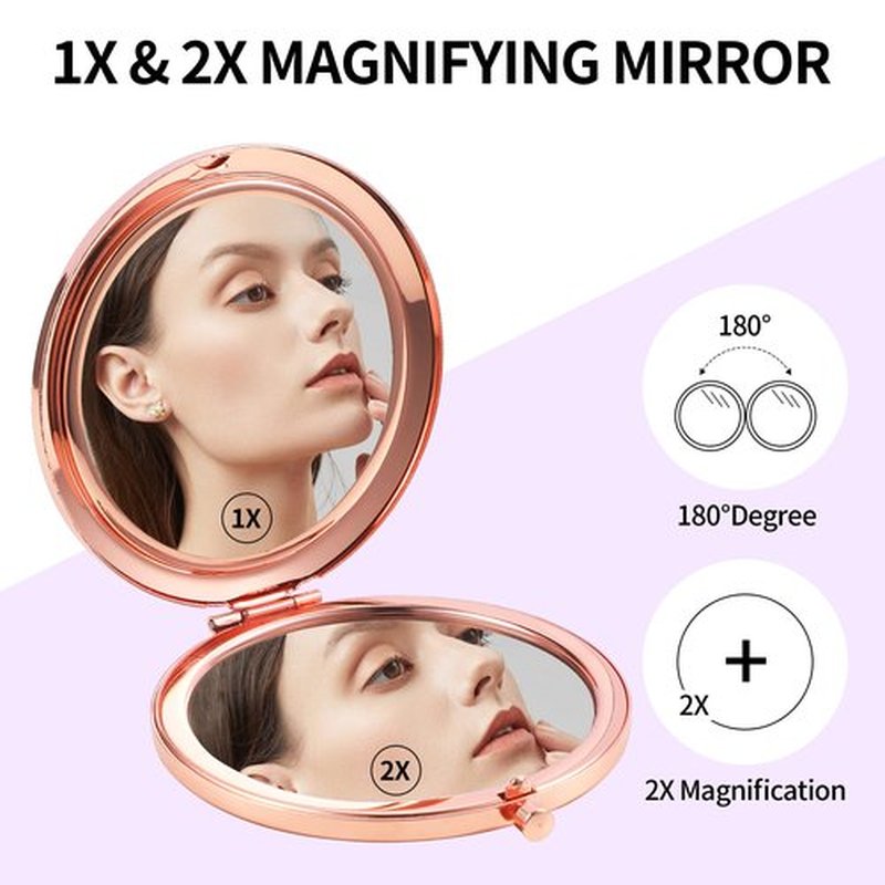 Dynippy Compact Mirror Rose Gold Makeup Mirror Folding Mini Pocket Mirror Portable Hand Mirror Double-Sided 2 x 1x Magnification for Woman Girls (Bling Rose Gold)