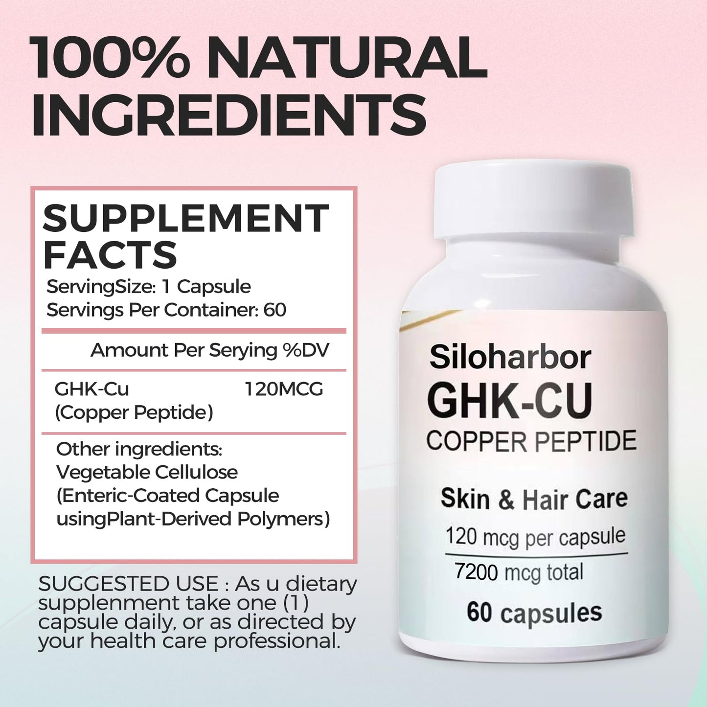 Siloharbor GHK-Cu Copper Peptide Supplement, 120mcg High-Purity Supplement for Skin & Hair, Enteric-Coated for Maximum Absorption, Vegan & Gluten-Free (60 Count)