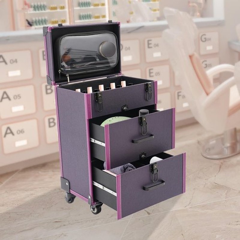 Rolling Makeup Train Case With Drawers,Professional Aluminum Makeup Suitcase With Universal Wheels And Lock,Multifunctional Rolling Makeup Organizer,Suitable For Makeup Artist,Etc (Purple)