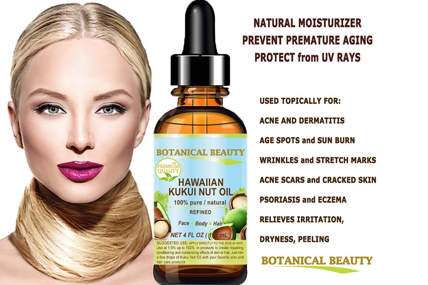 Botanical Beauty KUKUI NUT OIL 100% Pure Natural Virgin Unrefined Cold-Pressed Carrier Oil 0.5 Fl Oz 15 ml for Face, Skin, Body, Hair, Lip, Nails. Rich in Vitamin E