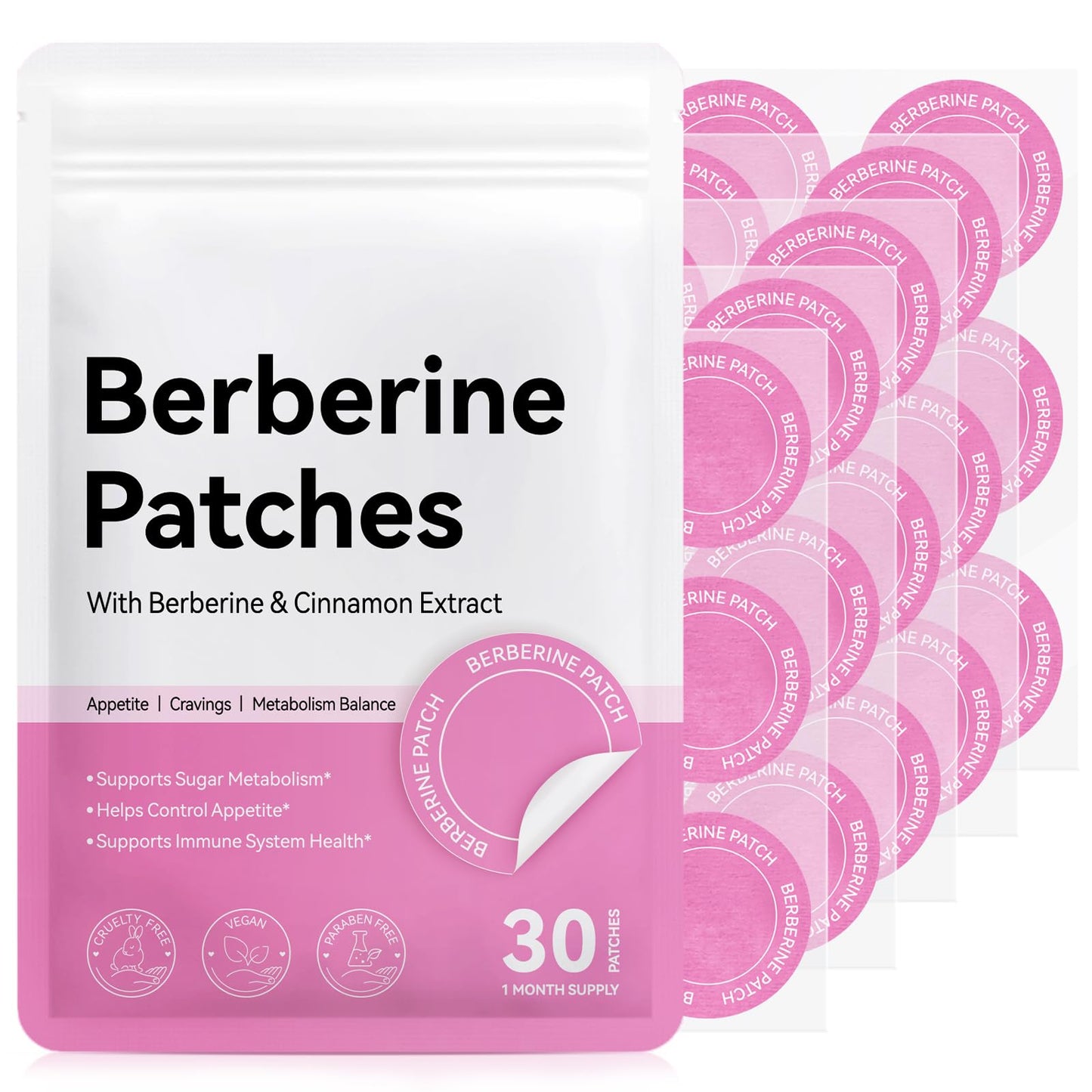 ZBQIEX Berberine Patches – with Berberine, Pomegranate, Cinnamon & Vitamin B Complex, 8 Hours Long-Lasting Formula Support – Transdermal Wellness Patch for Men & Women – 30 Patches (1 Month Supply)