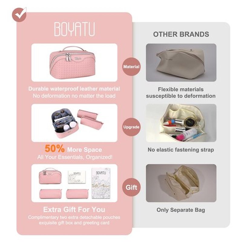 Travel Makeup Bags Cosmetic Organizer Bag: Large Capacity Make up Bag Set of 3 - Vegan Leather Woven Toiletry Bag for Women - Portable Makeup Organizer with Compartments & Handle & Divider Pink