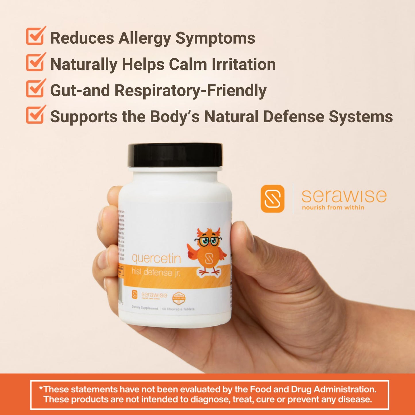 Serawise Quercetin Hist Defense Jr. By Dr. Ana Maria Temple | Natural Seasonal Support for Kids | With Quercetin, Stinging Nettle, Bromelain, NAC and Vitamin C | 60 Chewable Tablets